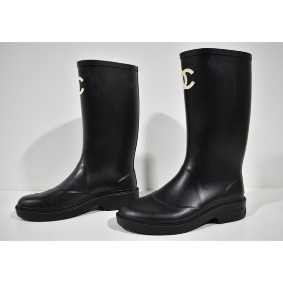 Chanel REV Black White Caoutchouc CC Logo High Pull On Rubber Rain Boots 42 - Picture 10 of 12